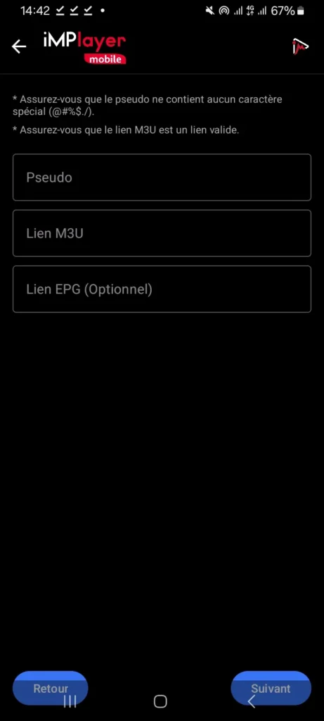 choisir liste m3u et remplir les informations de l'iptv